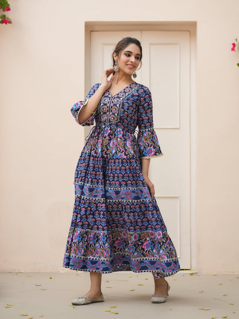 Women Floral Printed Keyhole Neck Flared Sleeves Anarkali Kurta